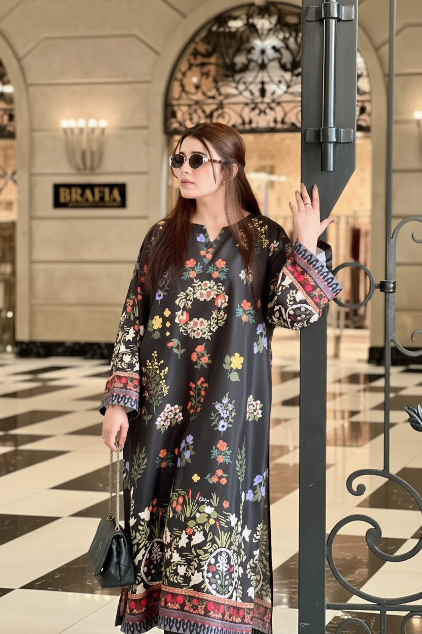 Black Botanical Print Luxe Kaftan Dress