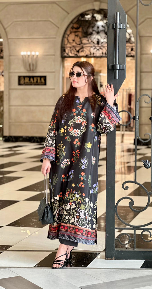 Black Botanical Print Luxe Kaftan Dress