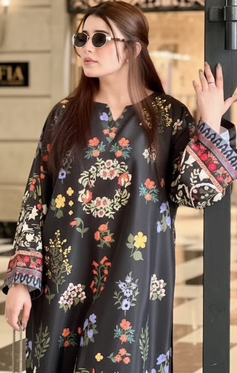 Black Botanical Print Luxe Kaftan Dress
