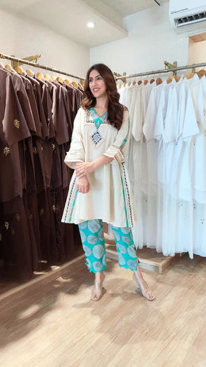 Ivory Cotton Flex Short Kurta with Green Printed Pant Set