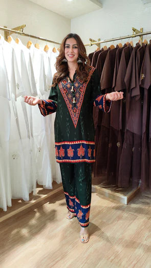 Red Ethnic V-Neck Co-ord Set with Paisley Border Detailing