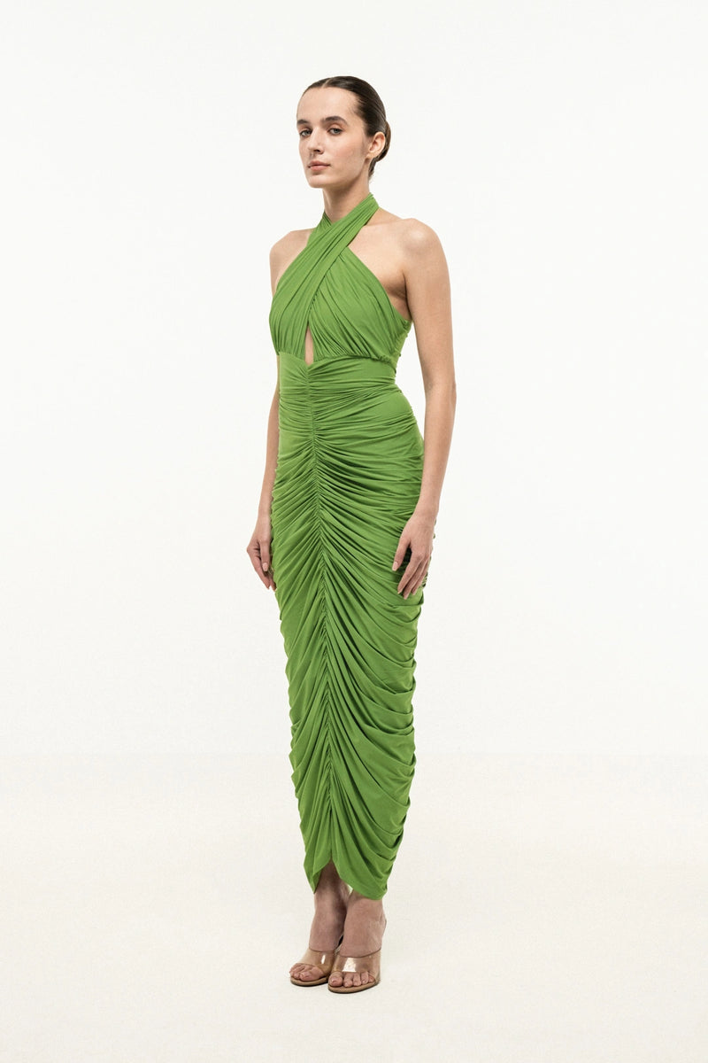 Olive Muse Ruched Halter Dress