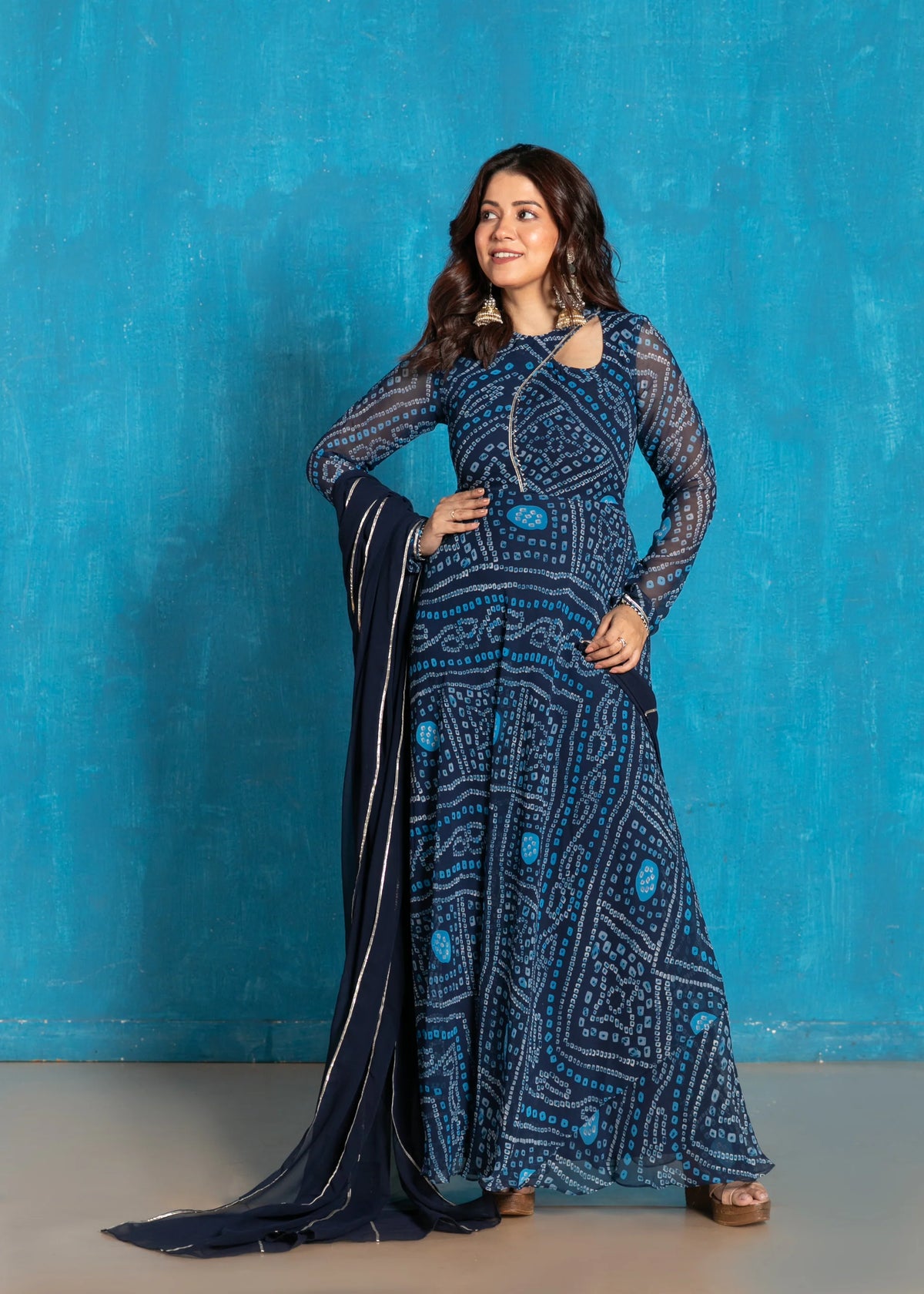 Graceful Navy Blue Bandhani Anarkali with Dupatta