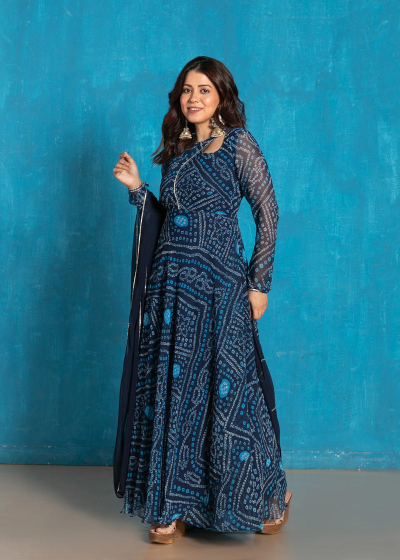 Graceful Navy Blue Bandhani Anarkali with Dupatta