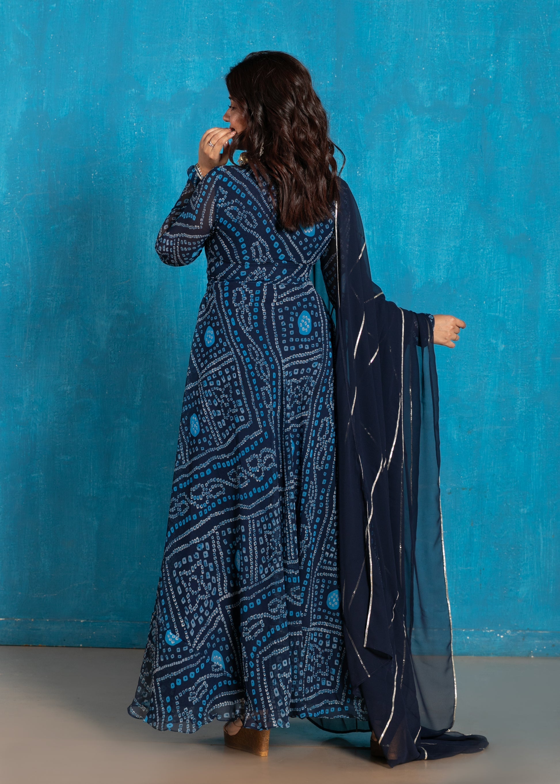 Graceful Navy Blue Bandhani Anarkali Outfit