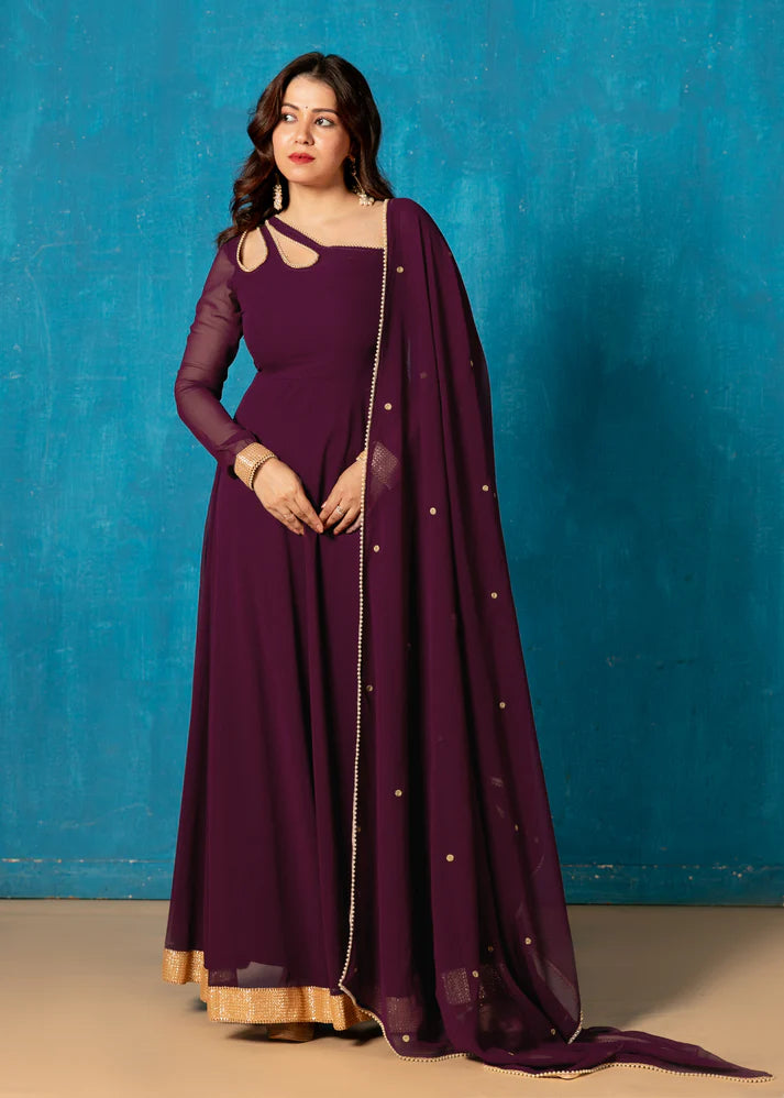 Petal Neck Plum Wine Georgette Anarkali with Dupatta