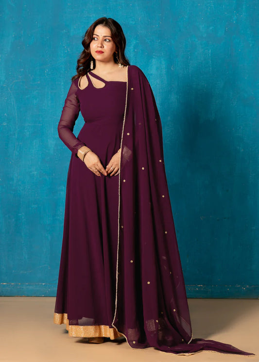 Petal Neck Plum Wine Georgette Anarkali with Dupatta