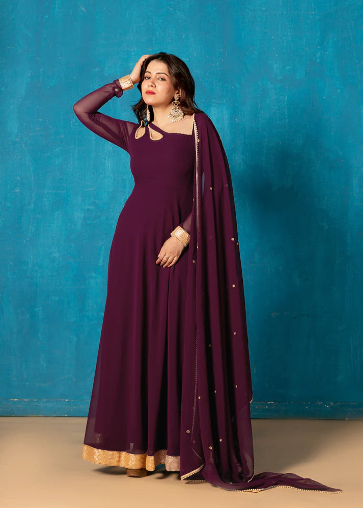 Petal Neck Plum Wine Georgette Anarkali with Dupatta