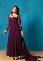 Petal Neck Plum Wine Georgette Anarkali with Dupatta