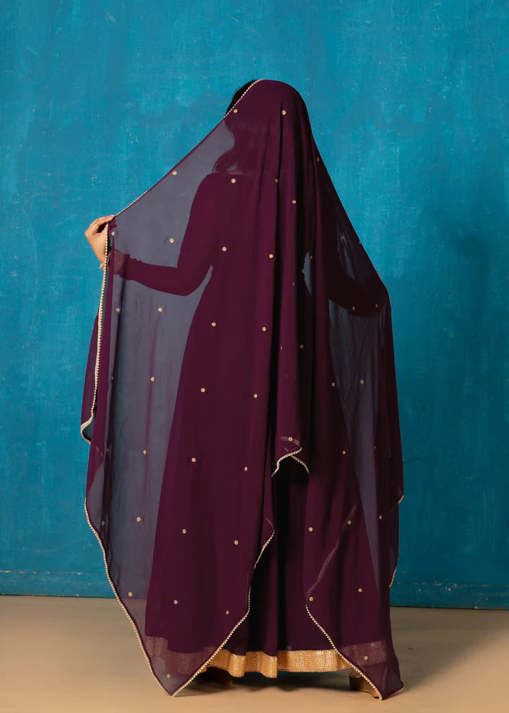 Petal Neck Plum Wine Georgette Anarkali with Dupatta