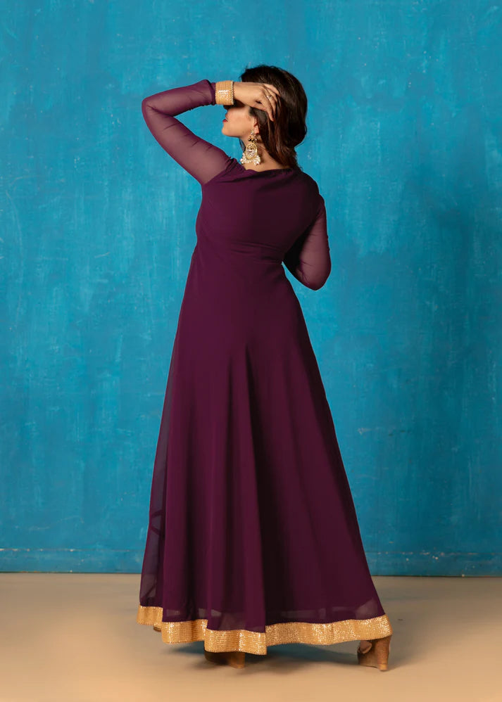 Petal Neck Plum Wine Georgette Anarkali with Dupatta