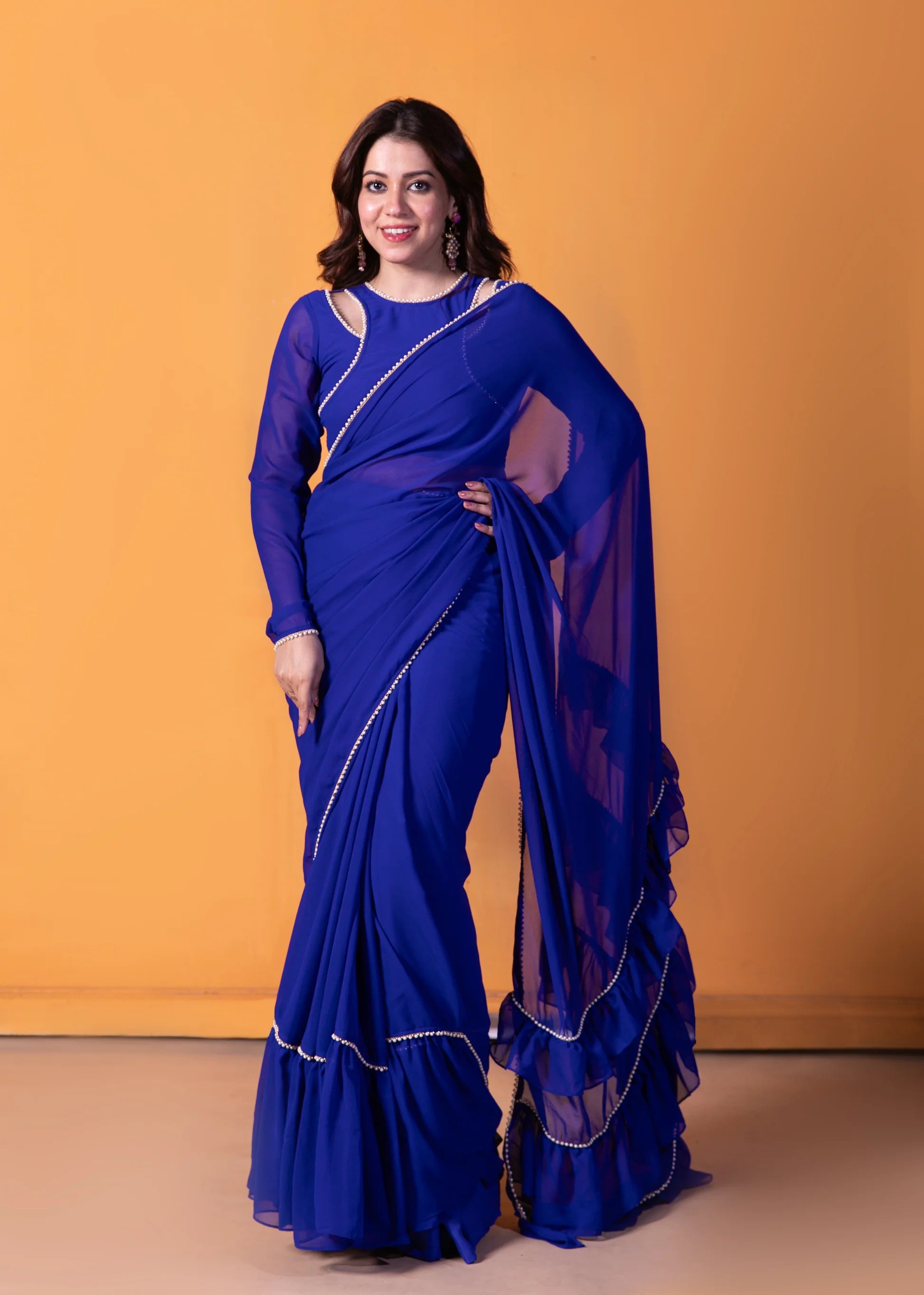 Pre-Draped Frilled Saree with Blouse and Peticoat