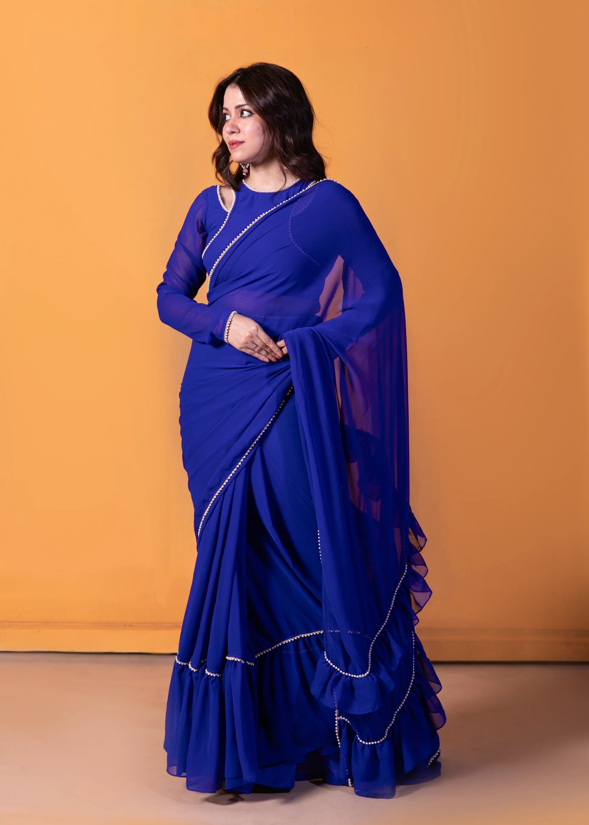 Pre-Draped Frilled Saree with Blouse and Peticoat
