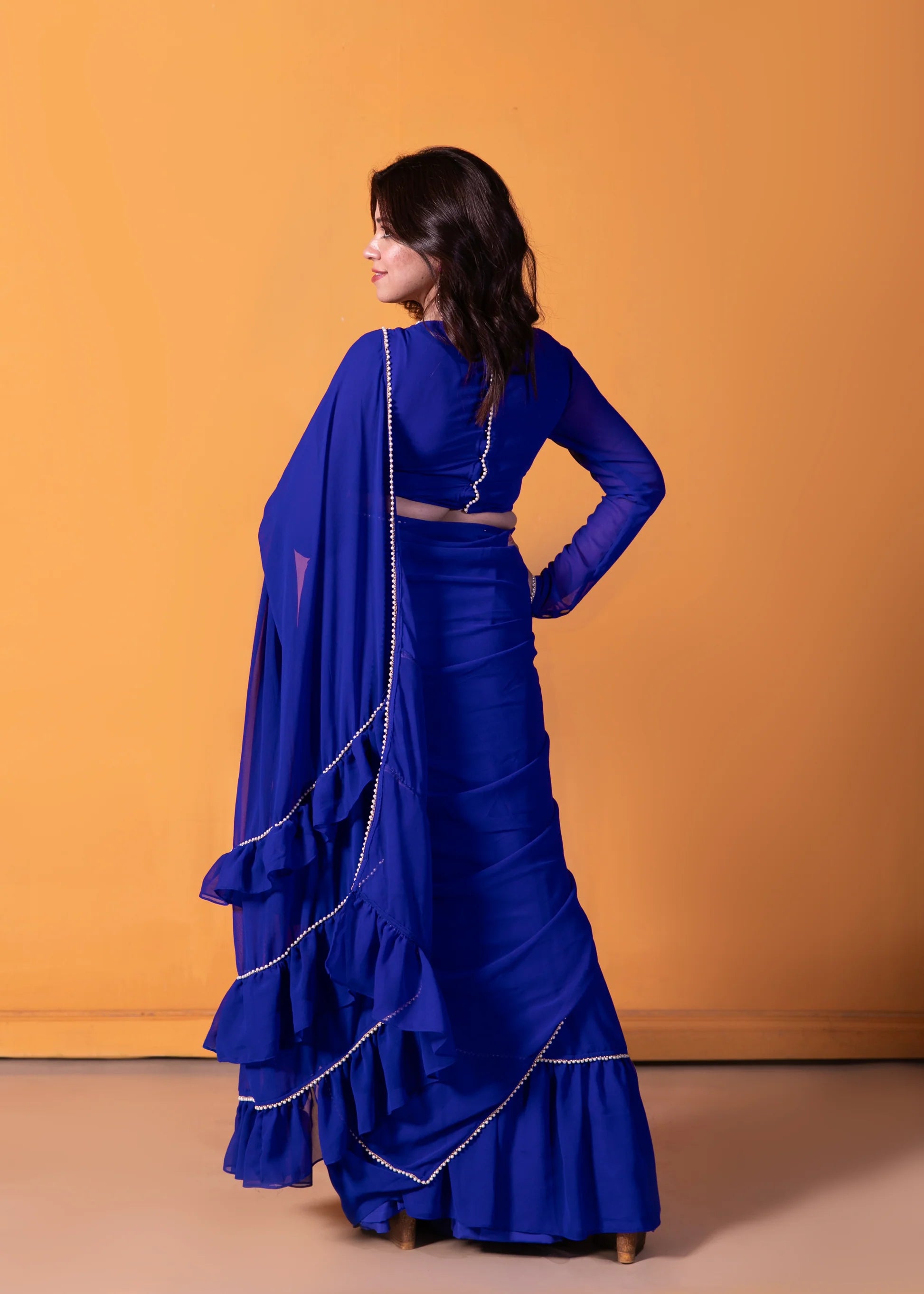 Pre-Draped Frilled Saree with Blouse and Peticoat