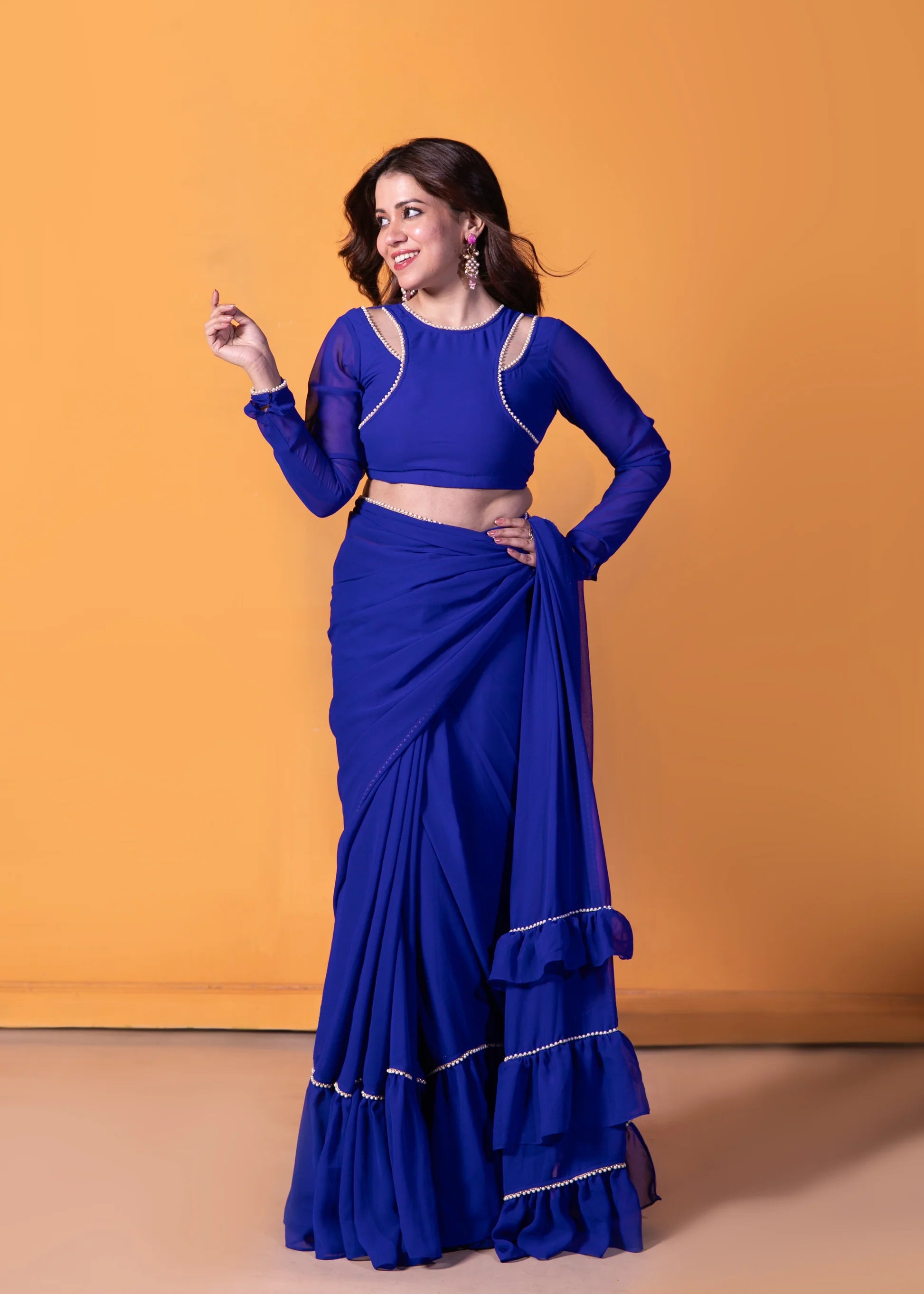 Pre-Draped Frilled Saree with Blouse and Peticoat