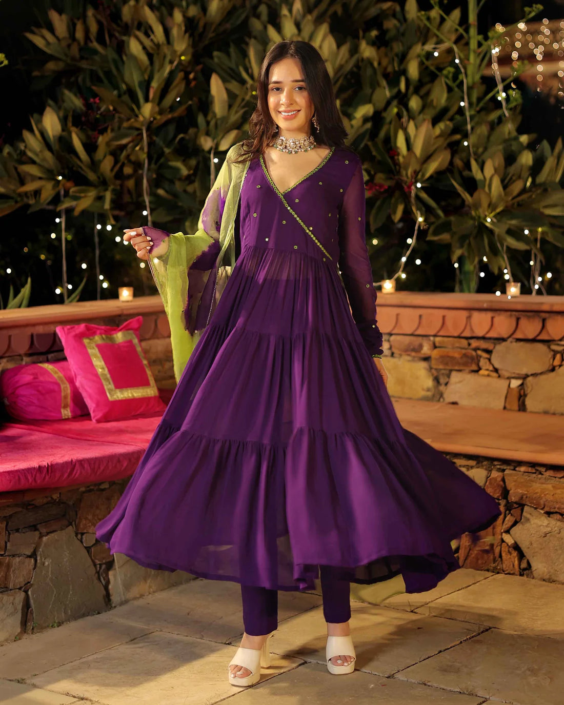 Mirror Work Embroidered Georgette Anarkali Suit Set
