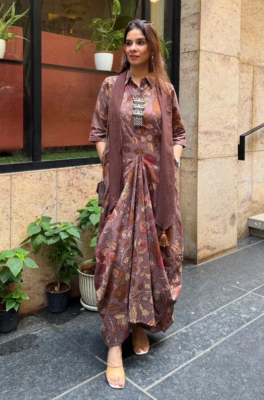 Mocha Bloom Fusion Drape Cotton Dress