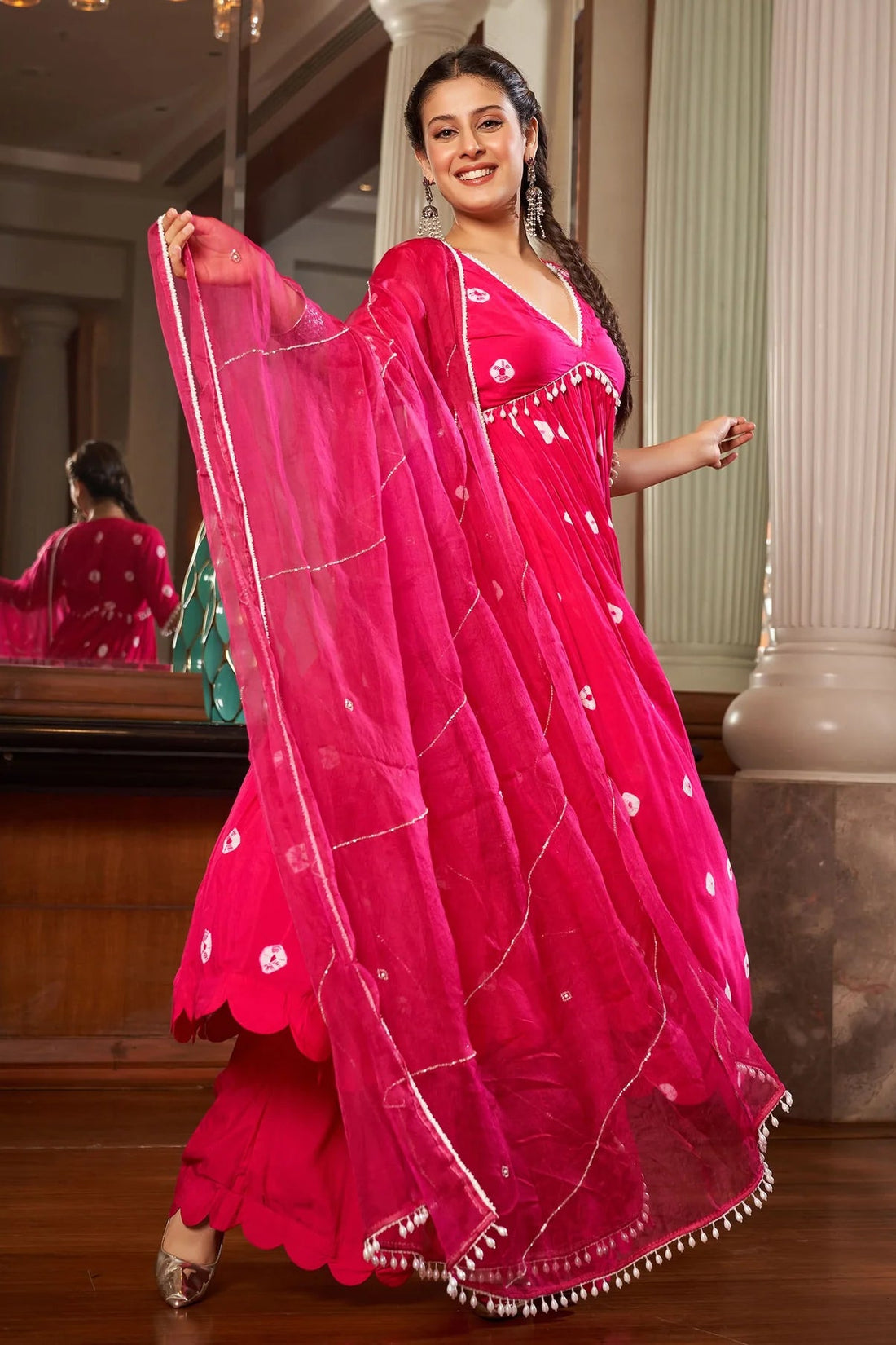 Gulnaar Pink Bandhani Silk Suit Set