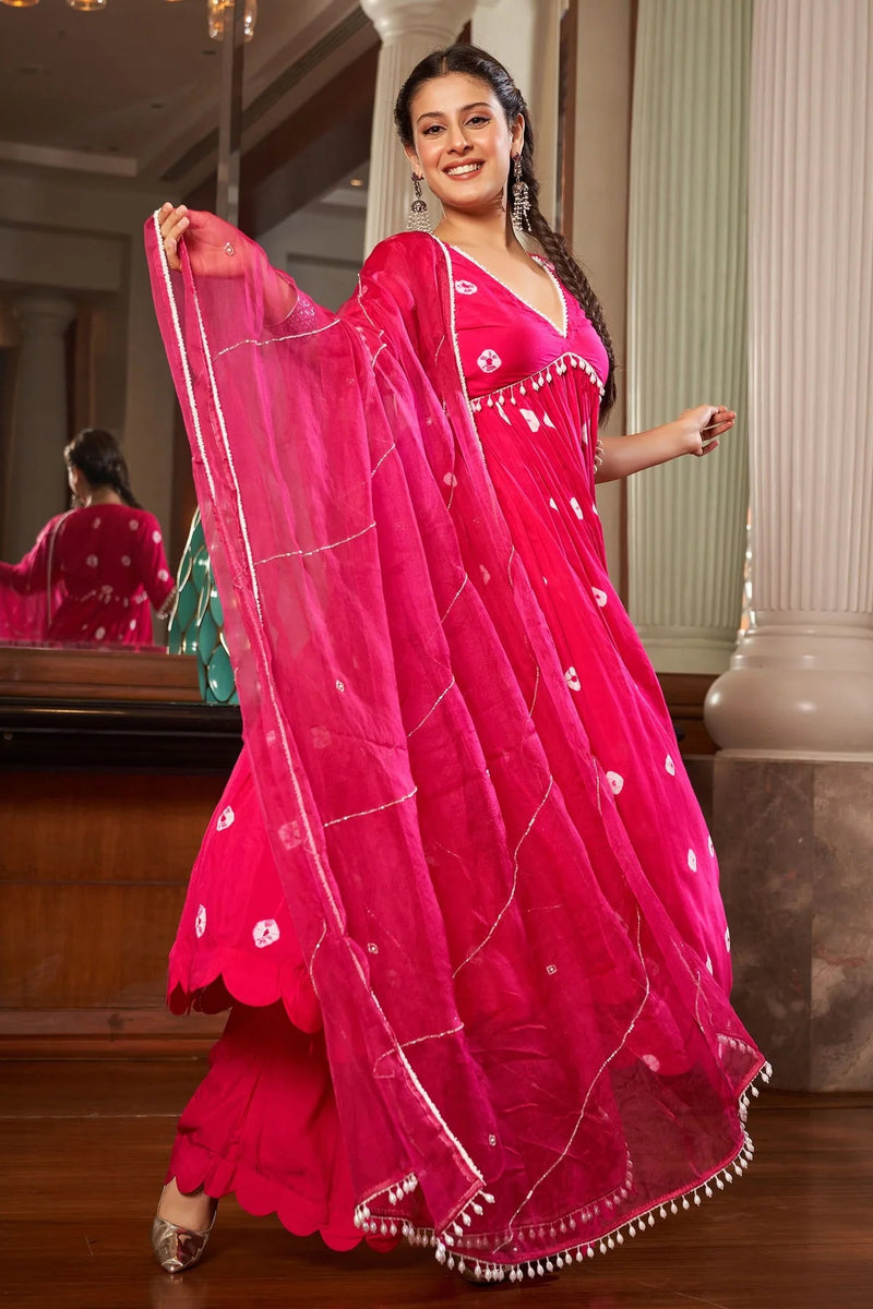Gulnaar Pink Bandhani Silk Suit Set