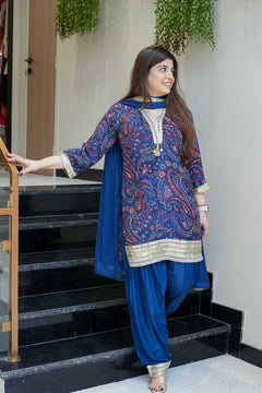 Royal Blue Printed & Lace Detailing Suit Set