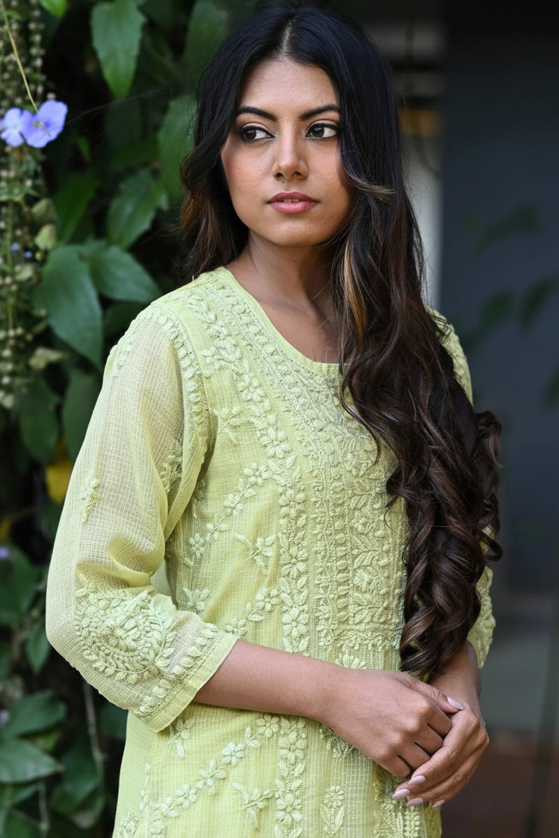 Noor Pista Pure Kota  Chikankari Kurta Set