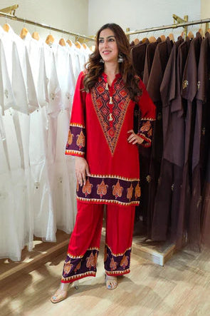 Red Ethnic V-Neck Co-ord Set with Paisley Border Detailing