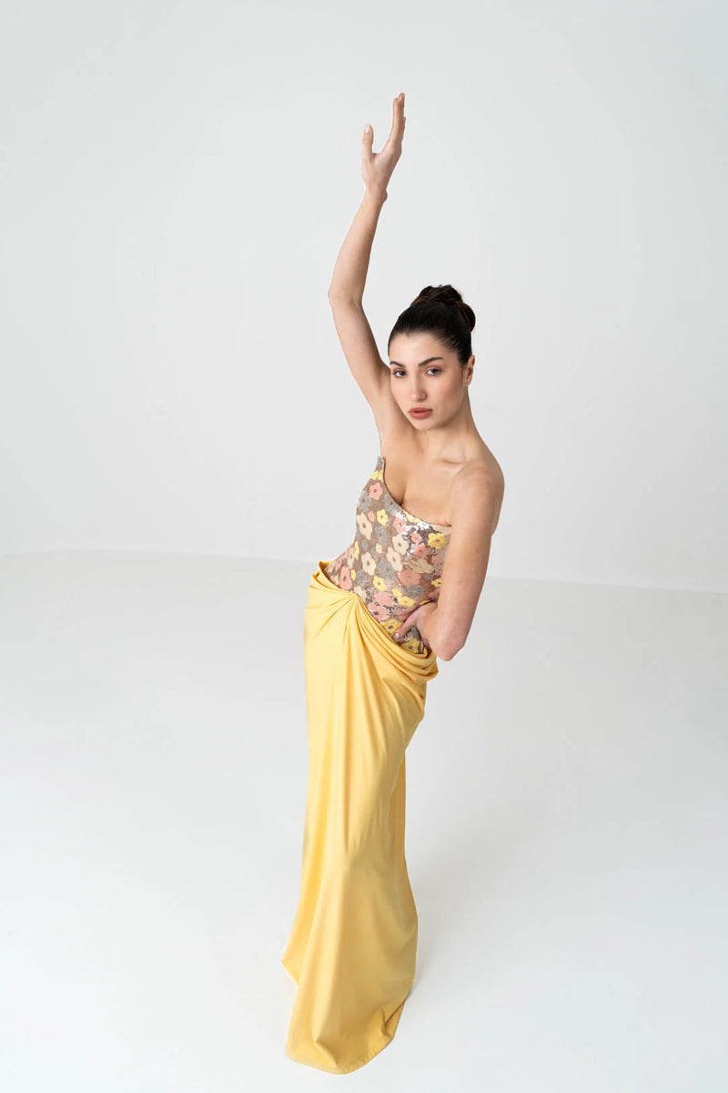 Golden Bloom Sequin Draped Gown