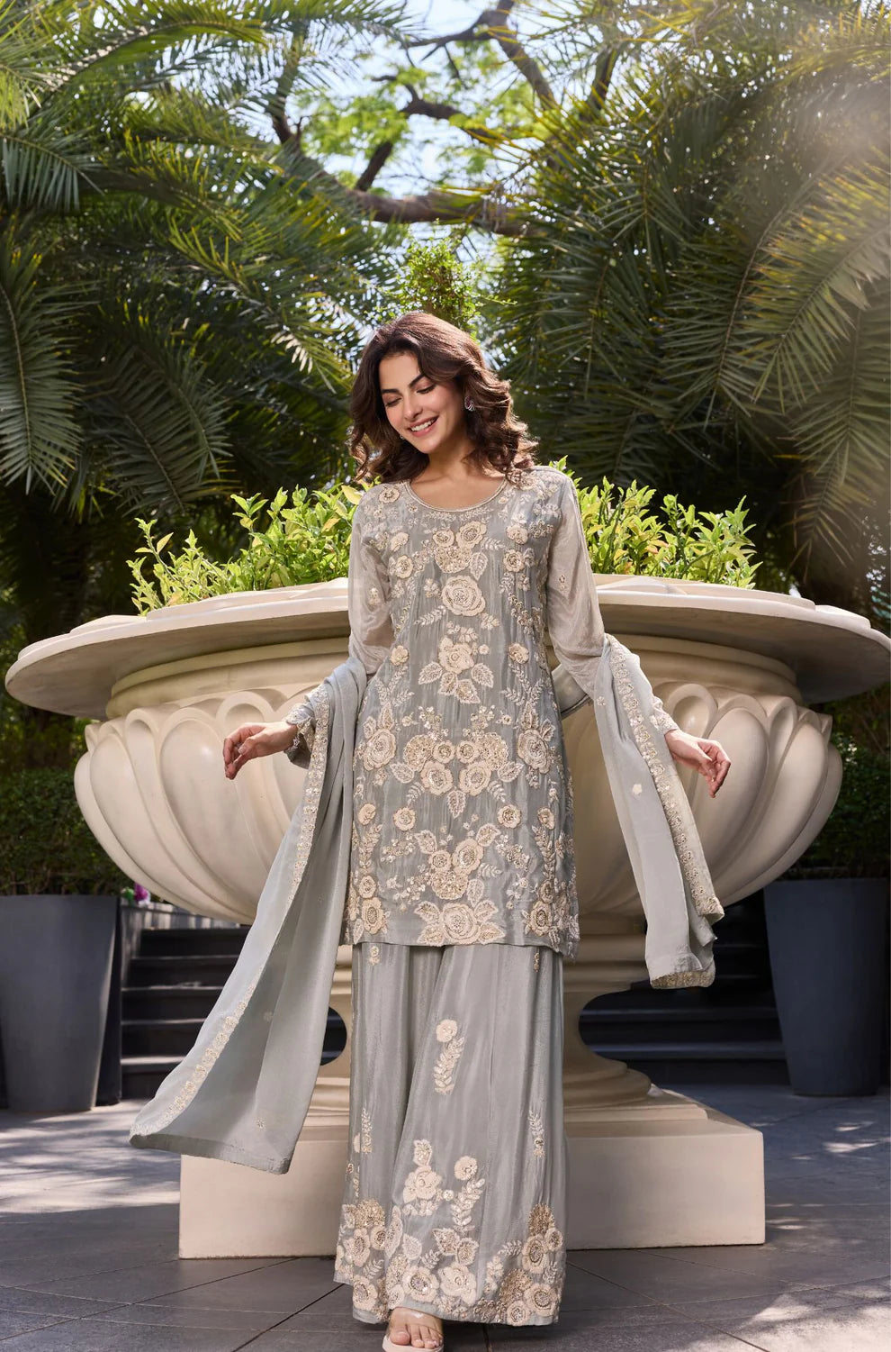Moonstone Bloom Thread Work Sharara Set