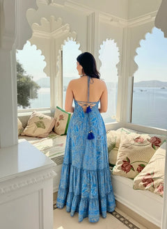 Blue Mirage Paisley Backless Maxi Dress
