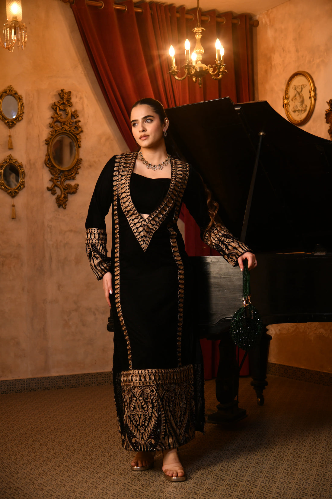 Royal Noir Embroidered Velvet Kaftan