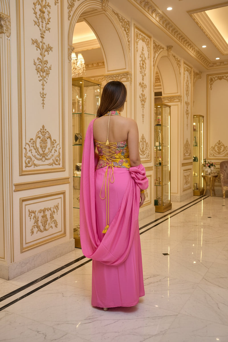 Rangrez Radiance Mustard Embroidered Indo-Western Draped Skirt Set with Pink Drape