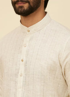 White Pure Silk  Self Patterned Mens Kurta