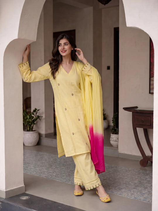 Kesari Noor Cotton Kurta Set with Pink Ombre Dupatta