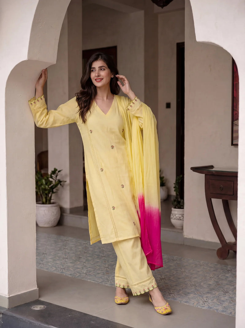 Kesari Noor Cotton Kurta Set with Pink Ombre Dupatta