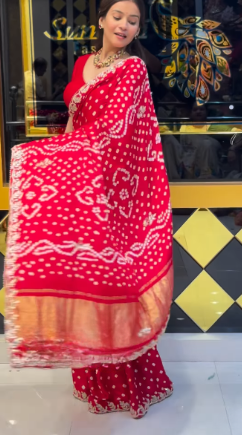 Red Bandhani Traditional Saree with Stitched blouse