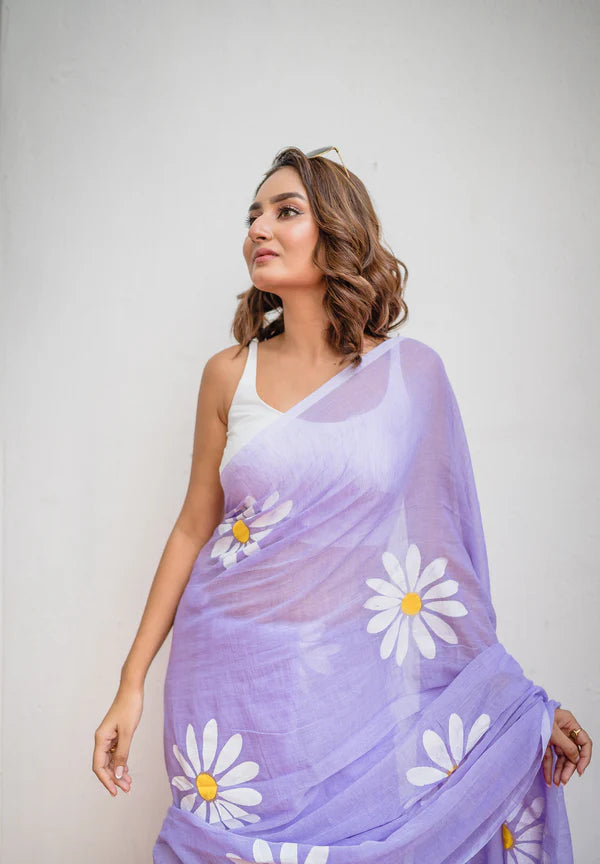 Lavender Handpainted Mulmul Cotton Saree- By Reet Lifestyle