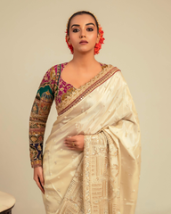 Ivory White Viscose Tissu desginer  Saree with  Blouse