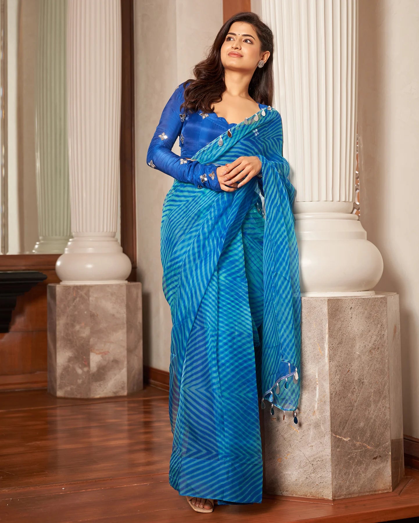 Blue Leheriya Organza Pre Draped Saree