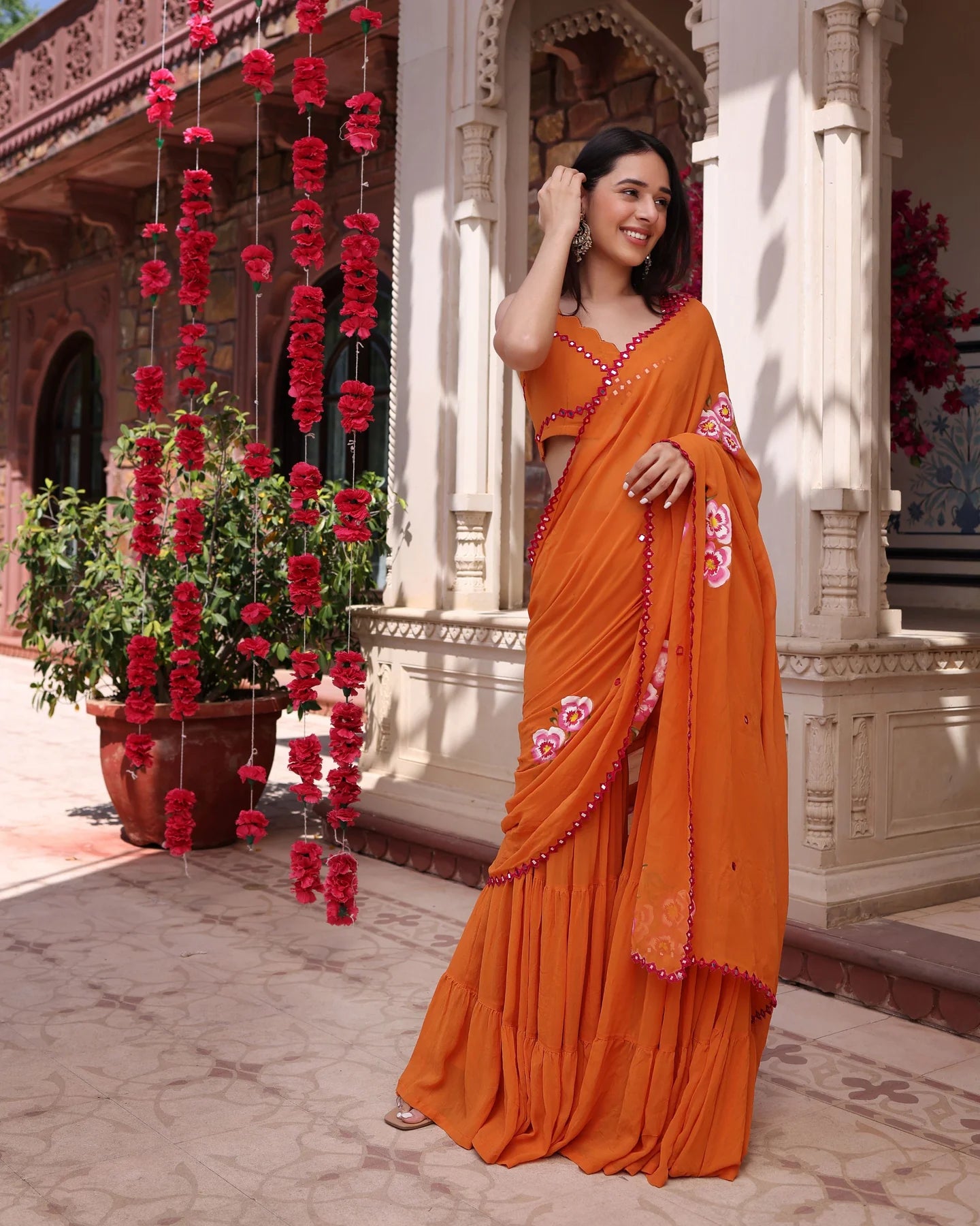 Coral Orange Mirror Work Georgette Saree