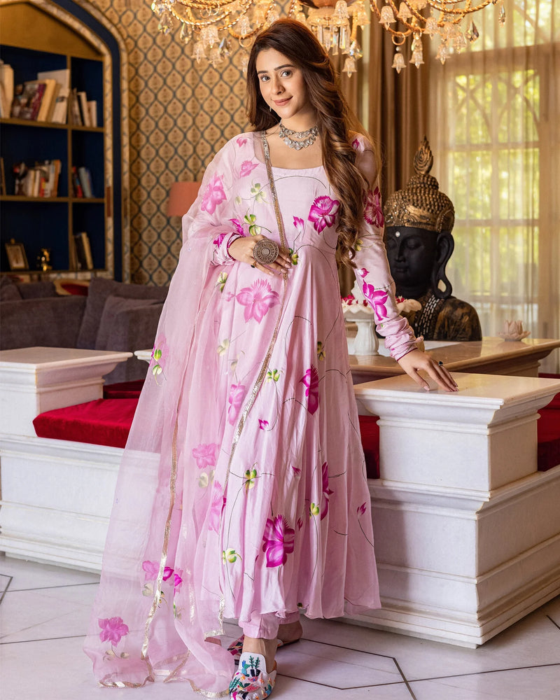 Handpainted Muslin Pink Asavari Suit Set