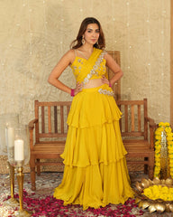 Mustard Chinon Solid Pre-Draped Saree