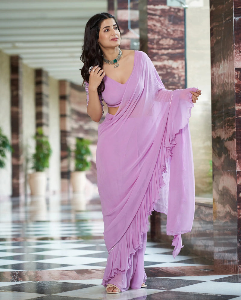 Lavender Georgette Solid Pre-Draped Saree with Blouse