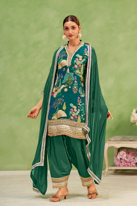 Green Crepe Botanical Printed Suit Set