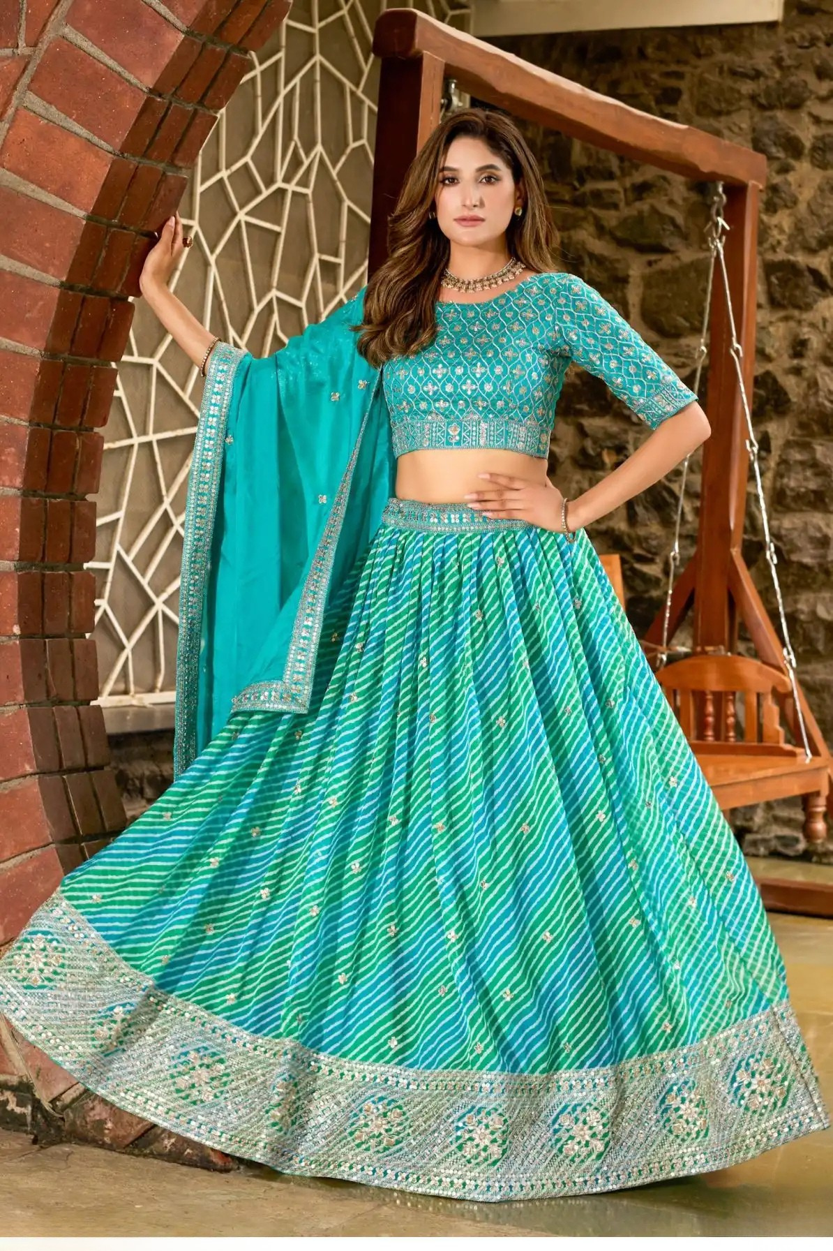 Sea Green Art Silk Tabby Lehenga Choli