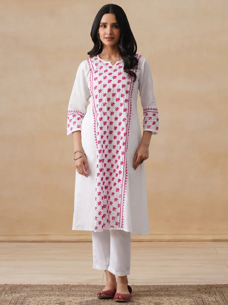 Solid A-Line Women's Long Kurta-White