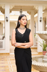 Black Net Pre-Draped Saree with Moti Work