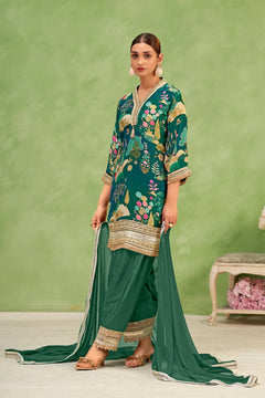 Green Crepe Botanical Printed Suit Set