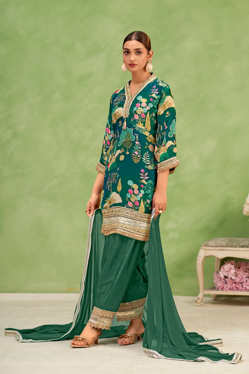 Green Crepe Botanical Printed Suit Set