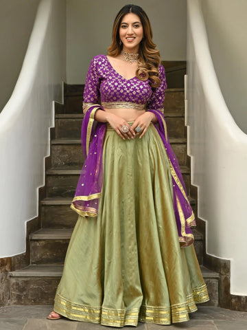 Green Purple Brocade Gota Lehenga Set