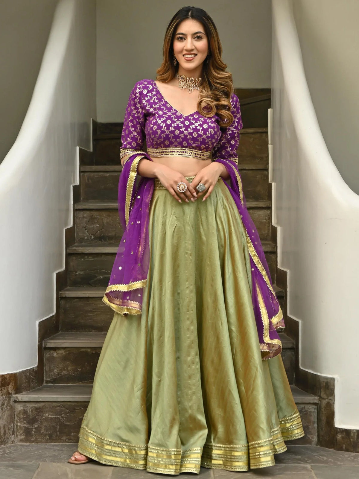 Green Purple Brocade Gota Lehenga Set